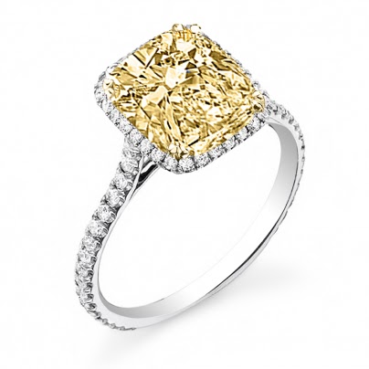 Three Stones Engagement Ring, Canary Yellow Cushion Trapezoid Cut Ring