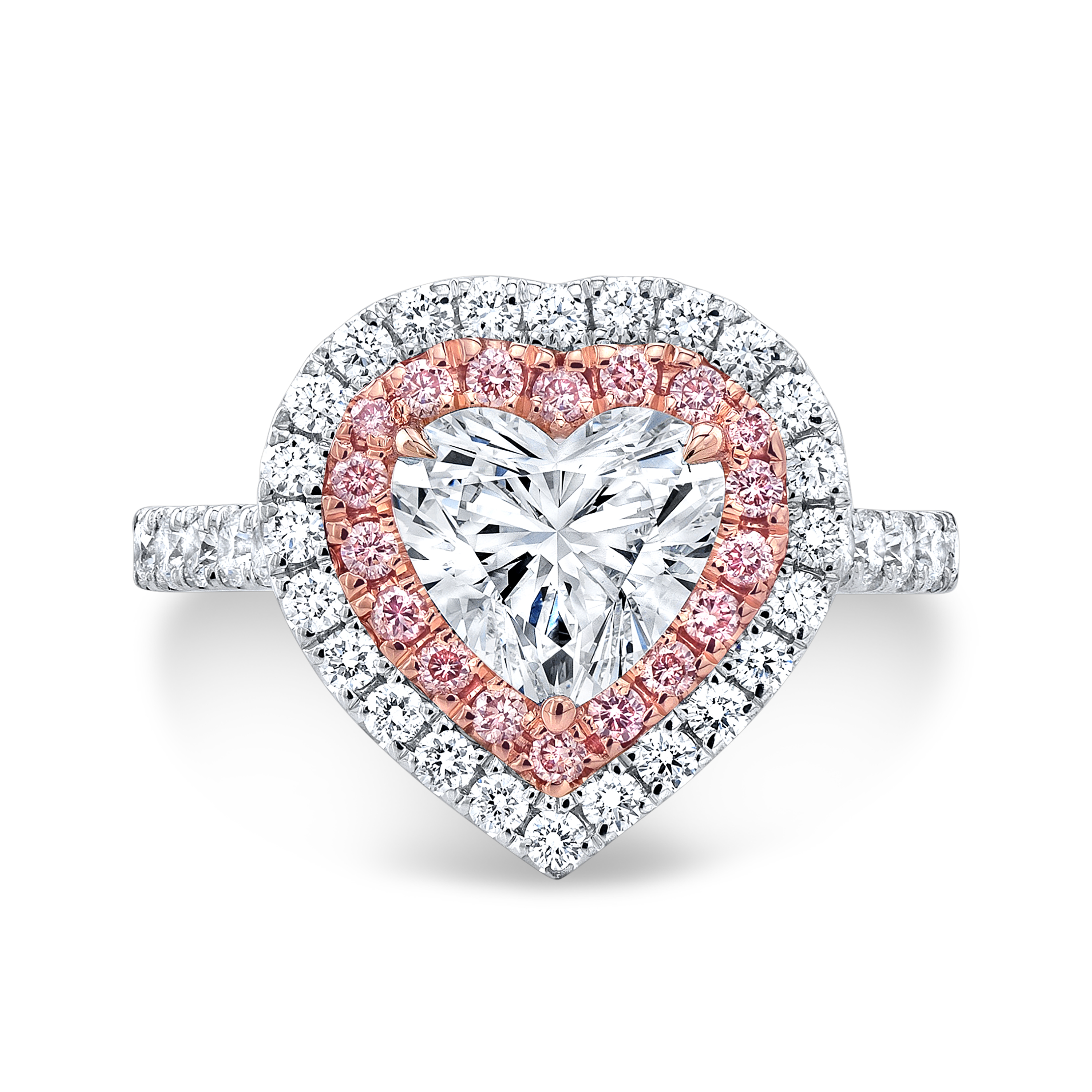 Unique Diamond Double Halo Heart w/ Pink Diamonds Engagement Ring - with A 1 ct Center Heart Shape GIA Natural Diamond in Rose Gold