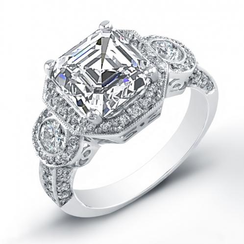 3 Stone Natural Halo Pave Diamonds Engagement Ring
