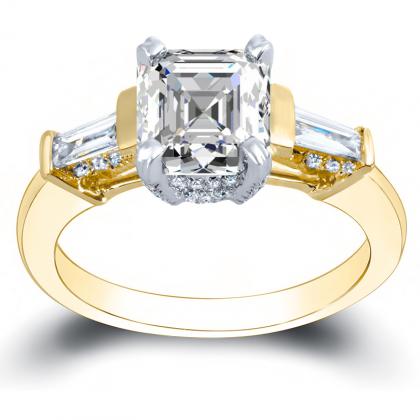 Baguette Accents Yellow Gold Engagement Rings