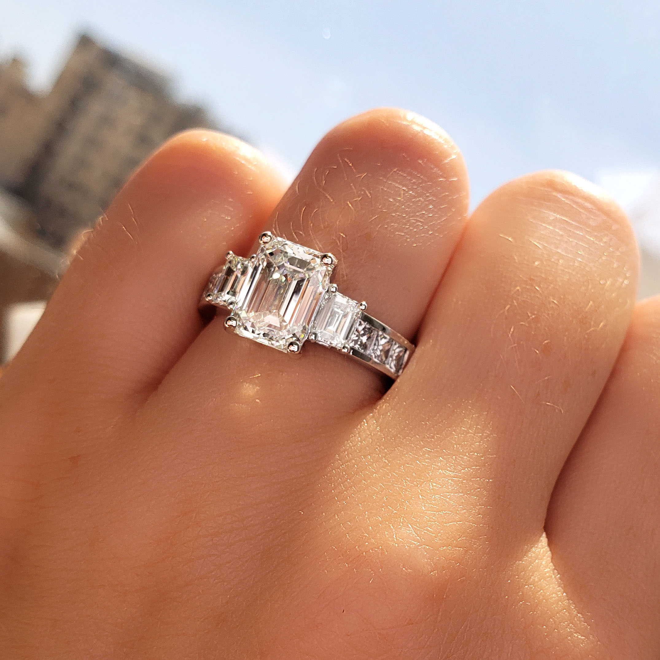 3 Stone Emerald Cut Princess Channel Set Diamond Engagement Ring Hand Shot White Gold Platinum 1 1 
